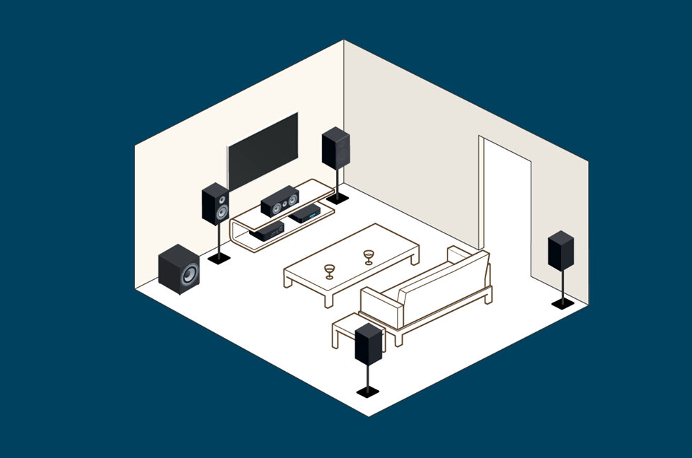 Home Theater Systems Guide 1 Illustration of small room with bookshelf speakers