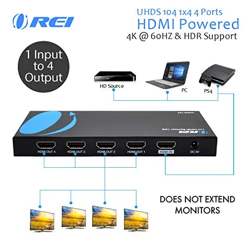 Orei UltraHD 4K @ 60 Hz 1 X 4 HDMI SPLITTER 1 In 4 Out 4 Port 4: 8-Bit - HDMI 2.0, HDCP 2.18 Gbps